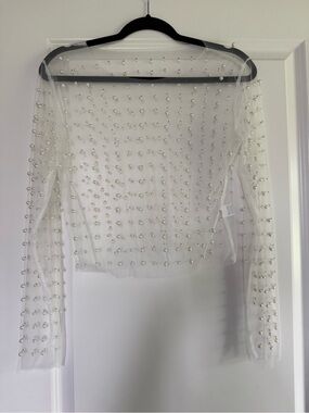 Sheer Pearl-Embellished Long Sleeve Top - White